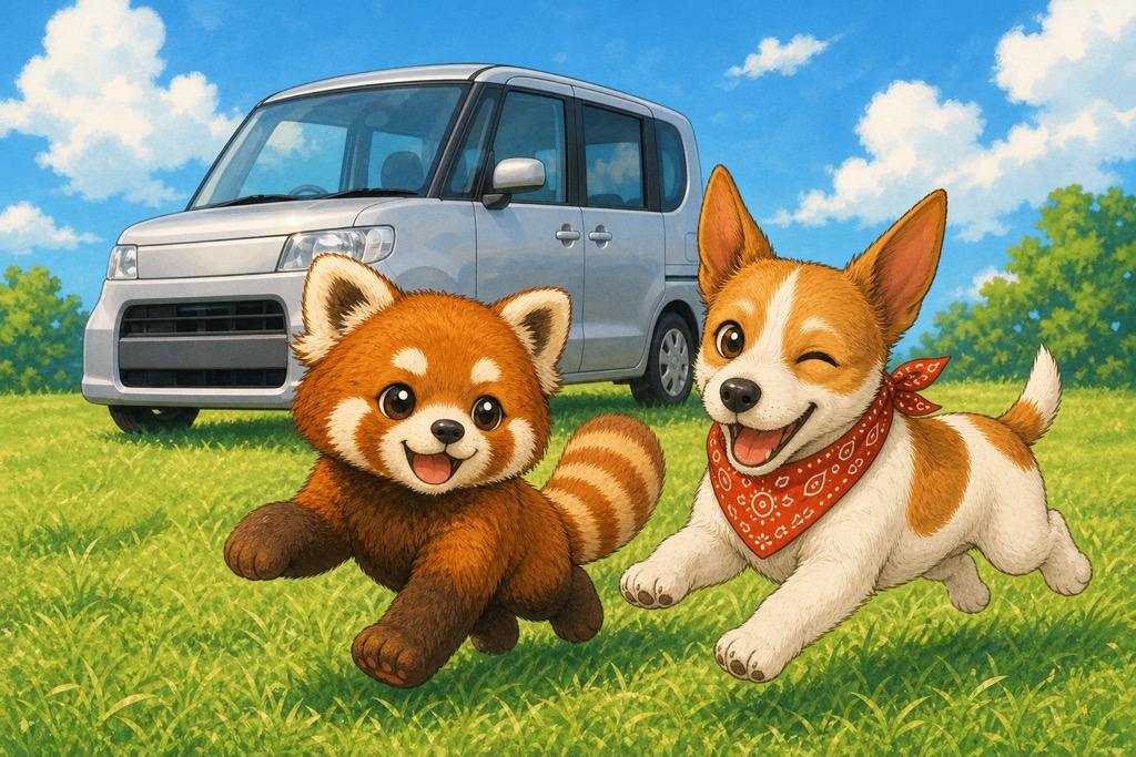 草原で楽しそうに遊ぶレッサーくんとアンクくん、新型ルークス