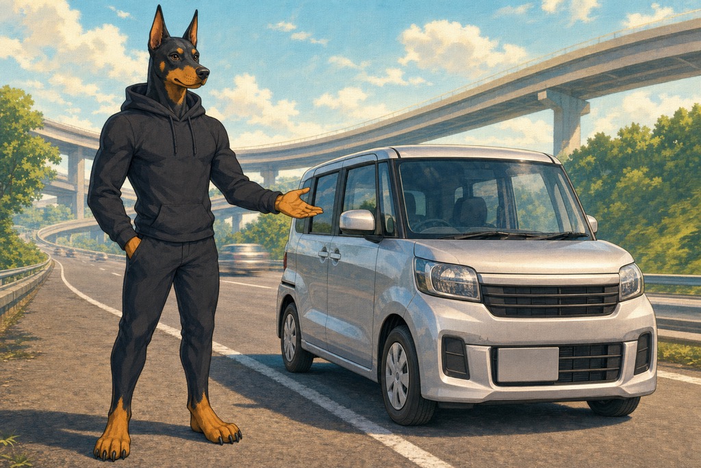 高速道路で安心を伝えるドーベルマンと新型ルークス