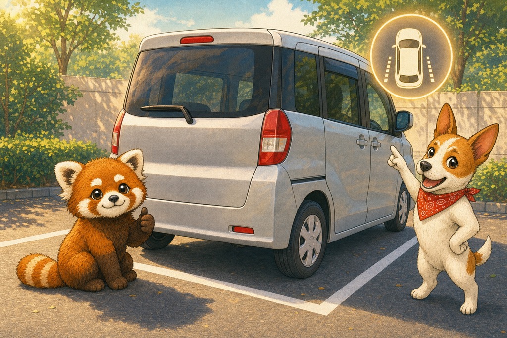 アラウンドビューモニターで駐車を確認するアンクくんとレッサーくん
