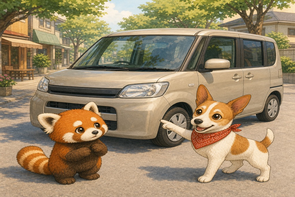 街並みで新型ルークスを紹介するアンクくんと、興味津々のレッサーくん