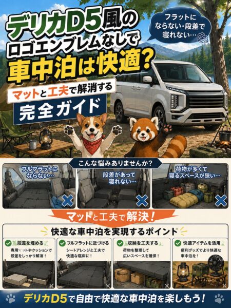 【2026最新】デリカD:5で車中泊は快適？「フラットにならない・段差で寝れない」をマットと工夫で解消する完全ガイド