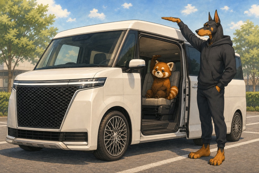車の屋根の高さを手で示すドーベルマンと、車内の席に座るレッサーパンダ