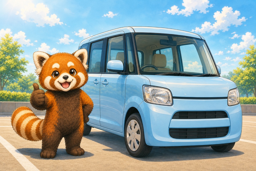 スペーシアを買うならHYBRID Xがおすすめと示すレッサーパンダ