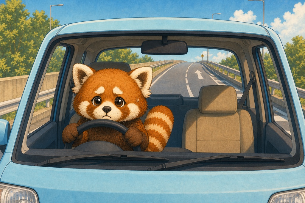 高速の合流で加速に少し不安を感じるレッサーパンダのイメージ