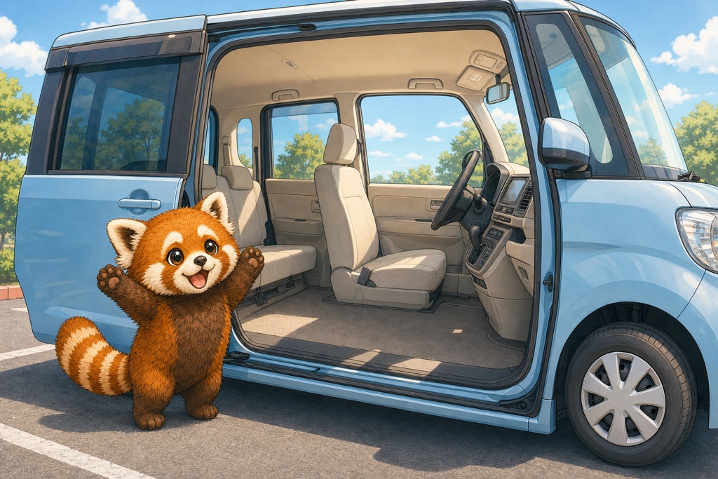 スライドドアを開けて広い車内に驚き喜ぶレッサーパンダのイメージ