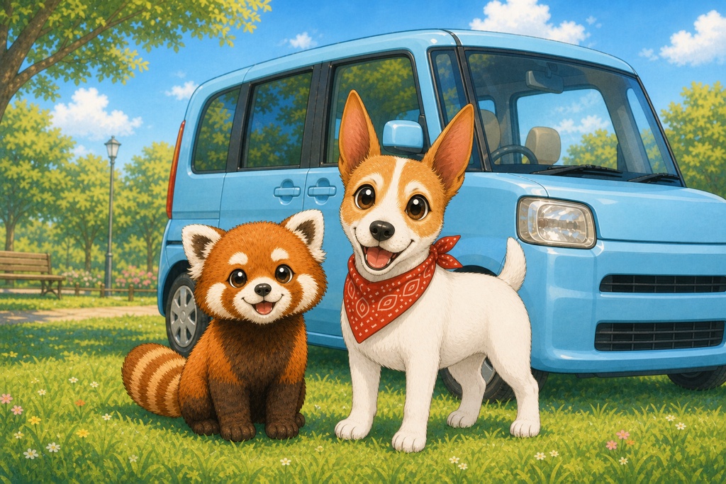 スペーシアの隣で安心した表情のレッサーパンダとアンクくん