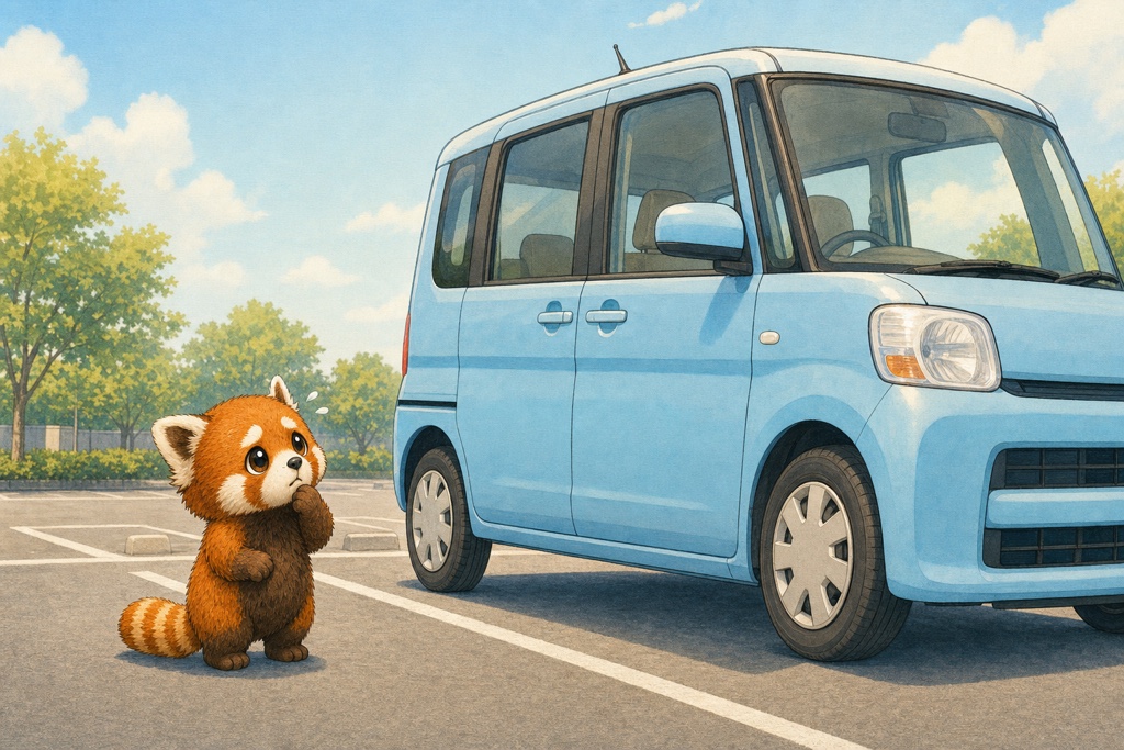 スペーシアを前に不安そうなレッサーパンダ