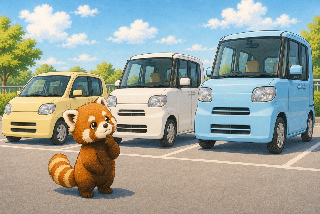 背の高さが違う3台の軽自動車を見比べるレッサーパンダのイメージ
