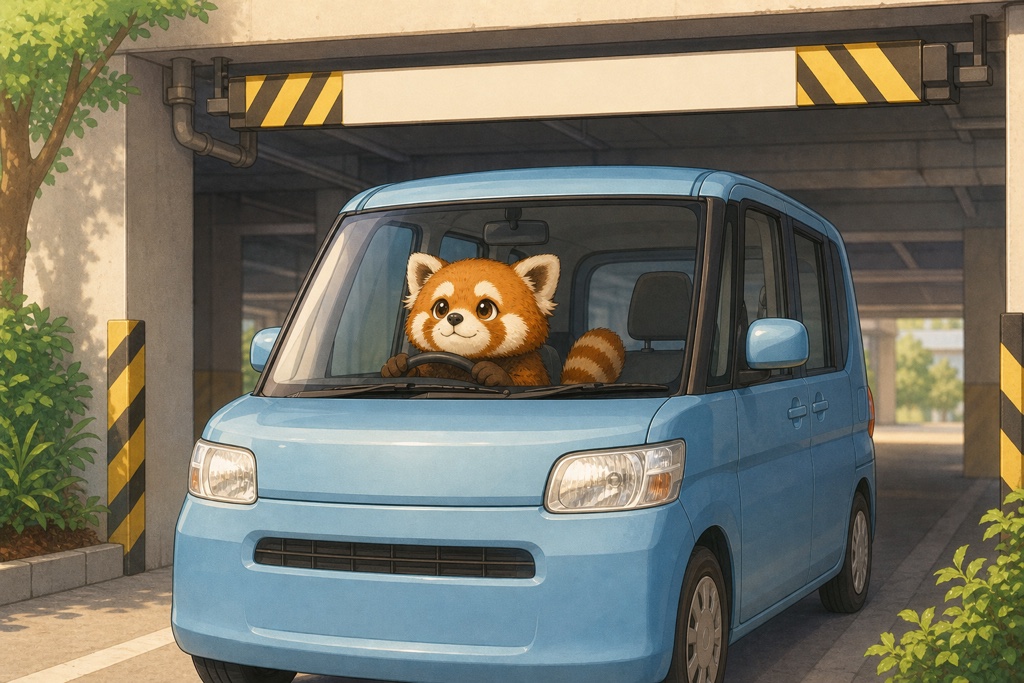 高さバーを確認しながら落ち着いて入庫するレッサーパンダのイメージ