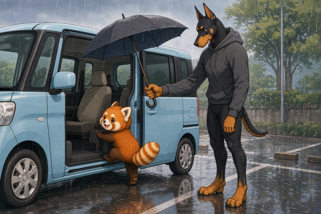 雨の日、スペーシアに乗り込むレッサーパンダに傘をさすドーベルマン