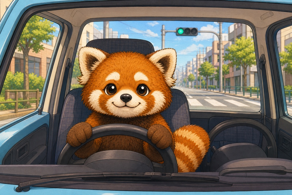青信号で落ち着いて発進するレッサーパンダのイメージ