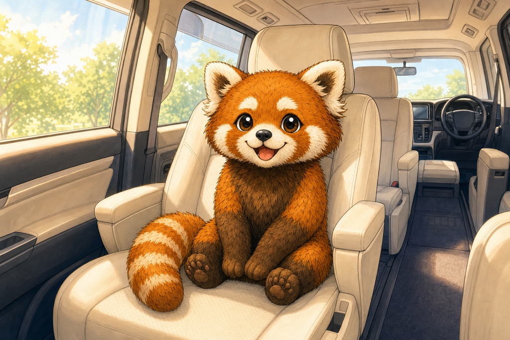 広い車内でくつろぐレッサーパンダのイメージ