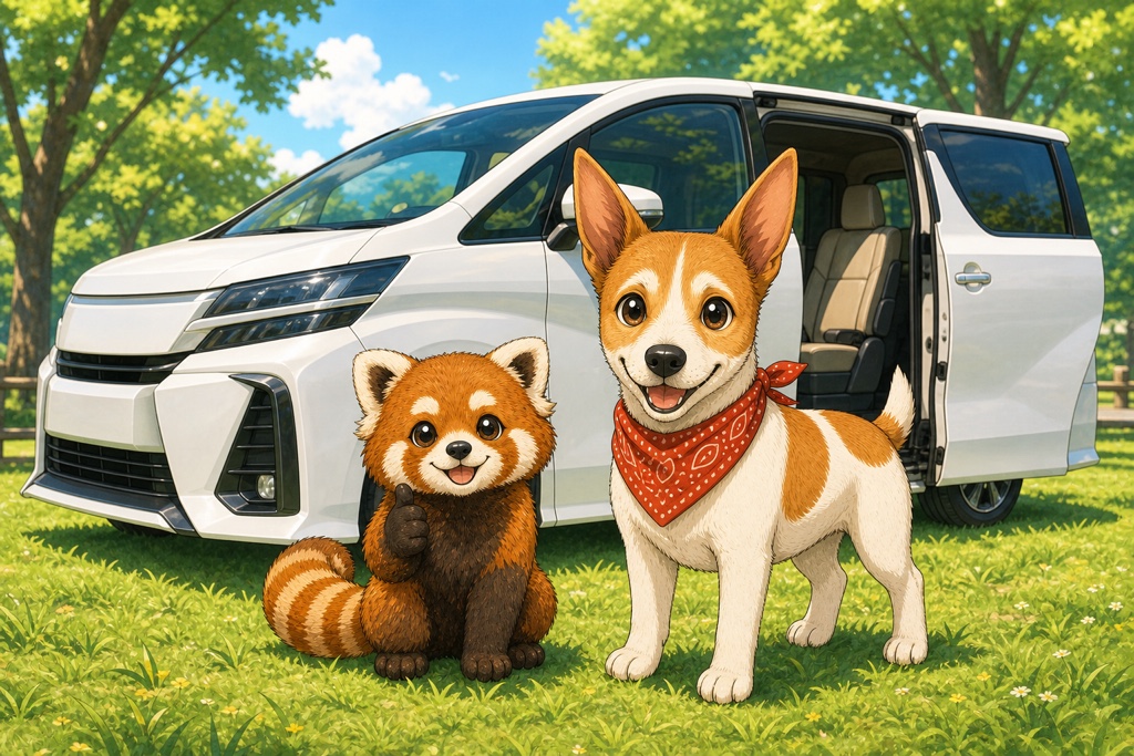 ヴォクシーの隣で納得した表情のレッサーパンダとアンクくん