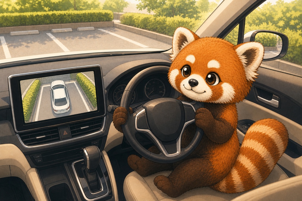 全方位モニターを見ながら安心して駐車するレッサーパンダのイメージ