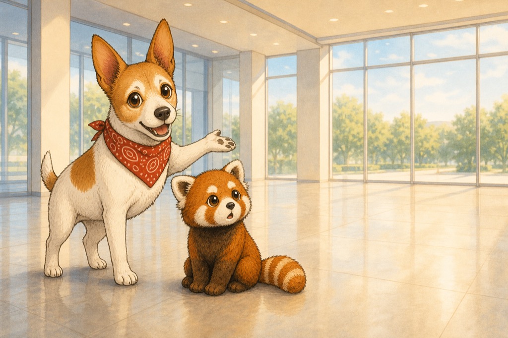 誰もいないディーラーの展示スペースを見て驚く初心者レッサーくんと、説明するアンクくん