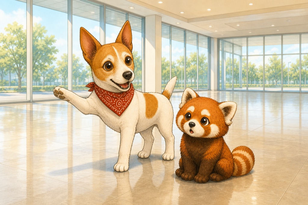 誰もいないディーラーの展示スペースを見て驚く初心者レッサーくんと、説明するアンクくん