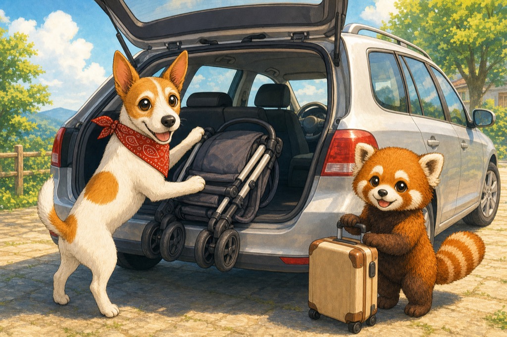 荷室にベビーカーを積み込むアンクくんと、スーツケースを持つレッサーくん