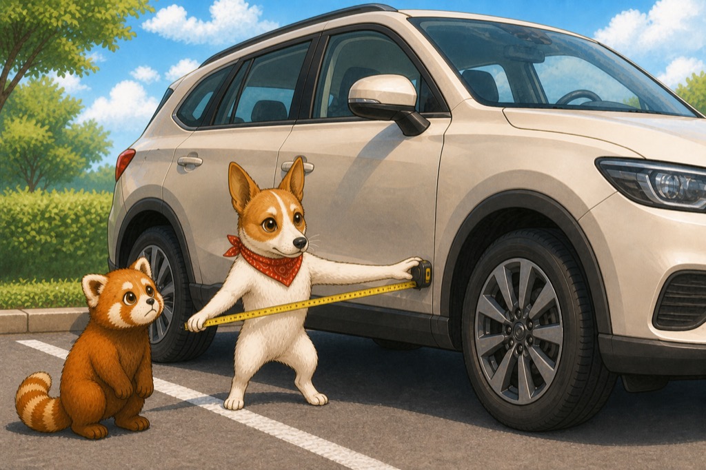 駐車スペースでハリアーの幅を測るアンクくんと、見上げるレッサーくん