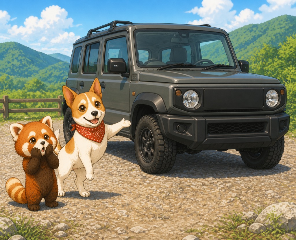 新型RAV4の価格に驚くレッサーくんと、説明するアンクくん