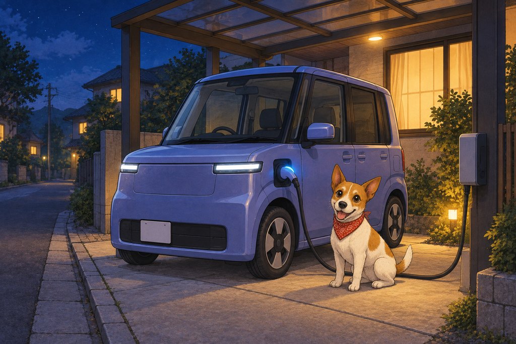 夜の自宅で充電する軽EVとアンクくん