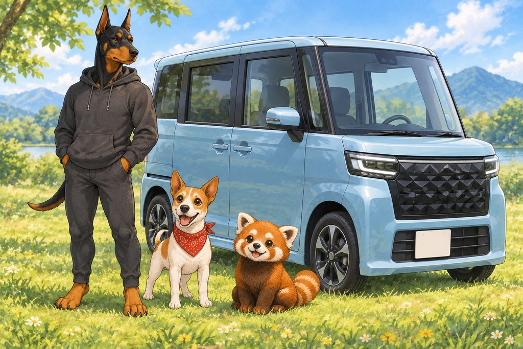 草原で楽しそうに遊ぶレッサーくんとアンクくん、新型ルークス