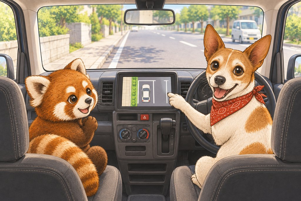 アラウンドビューモニターで駐車を確認するアンクくんとレッサーくん