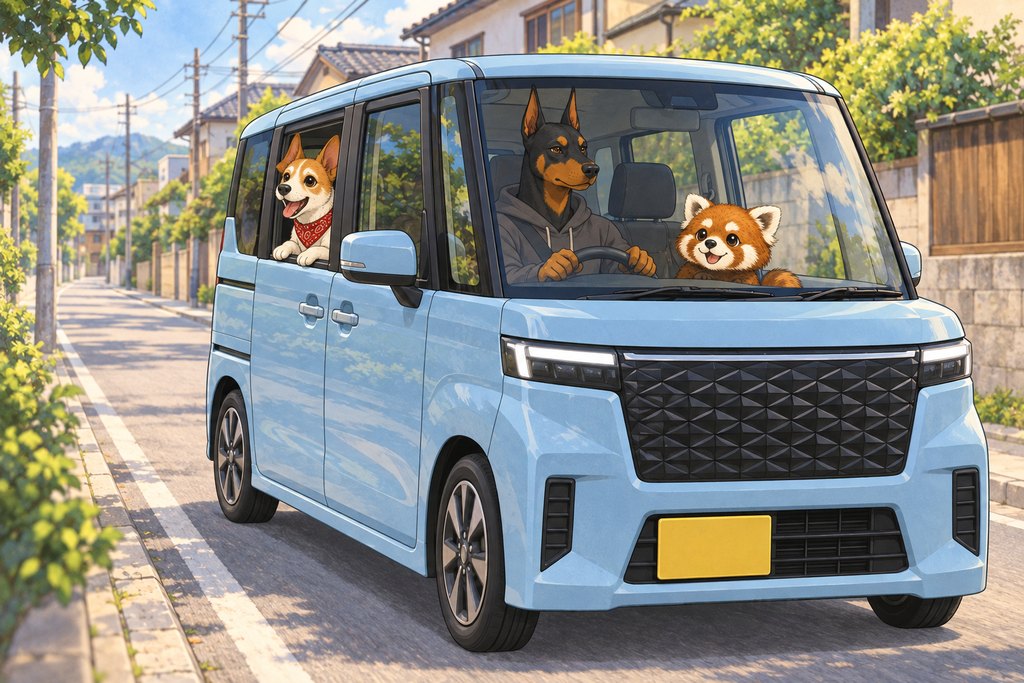 街並みで新型ルークスを紹介するアンクくんと、興味津々のレッサーくん