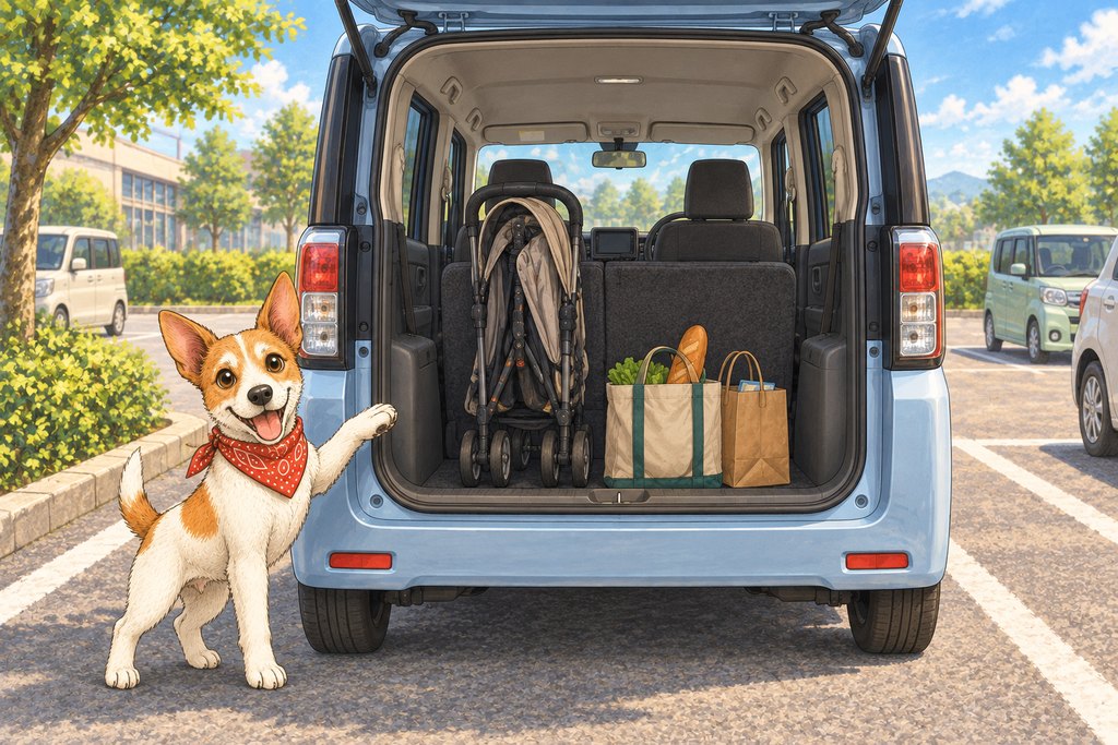 荷室にベビーカーを立てたまま積める様子を覗き込むレッサーくん